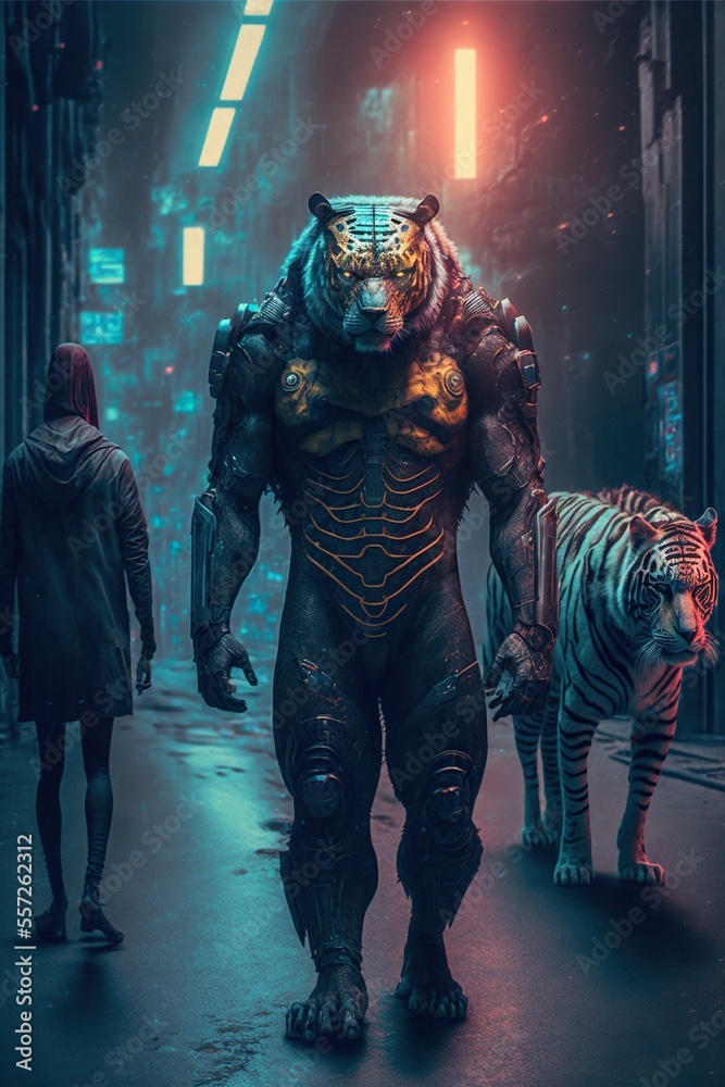 Humanoid bear mutant in a cyberpunk city, character design. Humanoid bear mutant in a cyberpunk city, character design.
