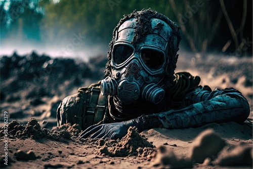 Body of gas mask soldier in the mud