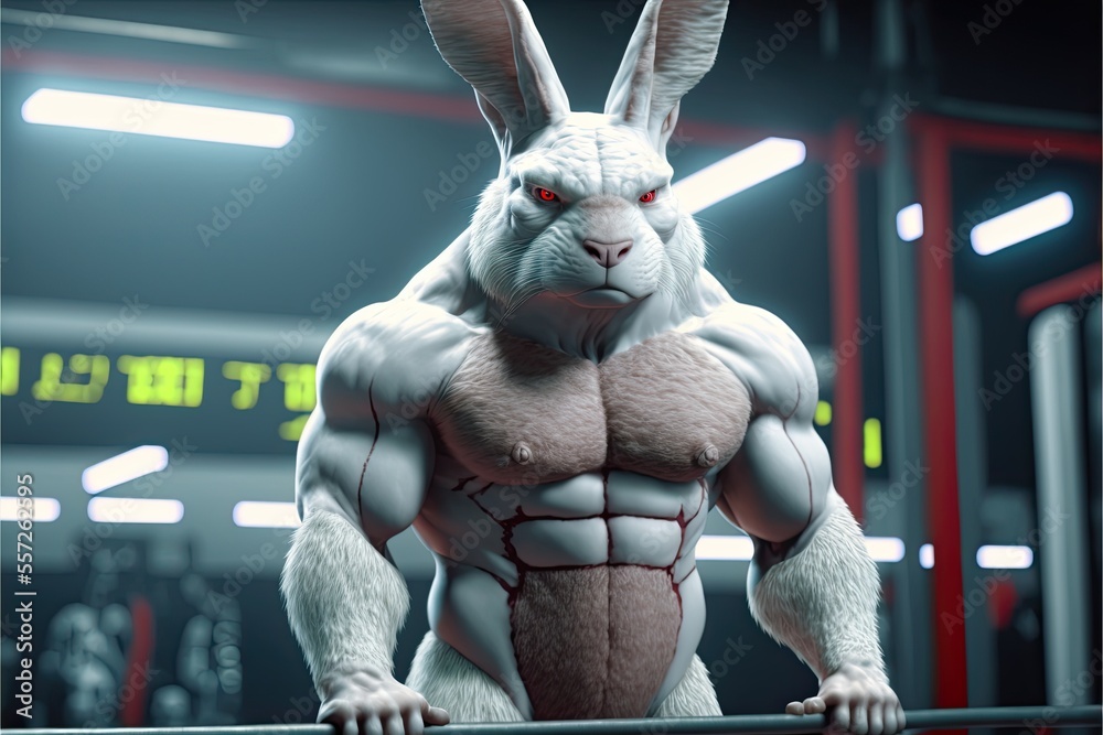 Jacked muscle bodybuilder bunny rabbit humanoid mutant working out in