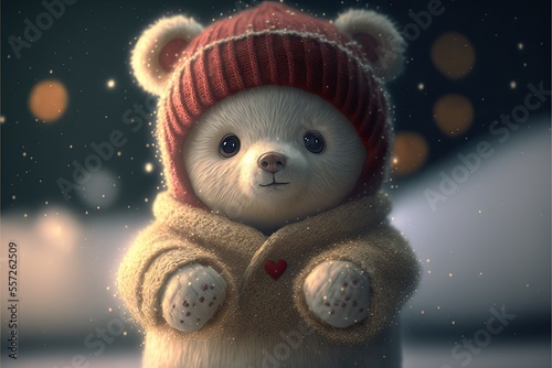 Small and lovely anthropomorphic white baby bear, wearing a lovely red christmas hat, wearing a cozy wool christmas sweater.