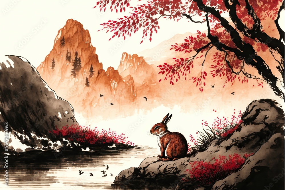 Lunar Rabbit Ink Traditional chinese ink wash painting of landscape with rabbit, lunar ...