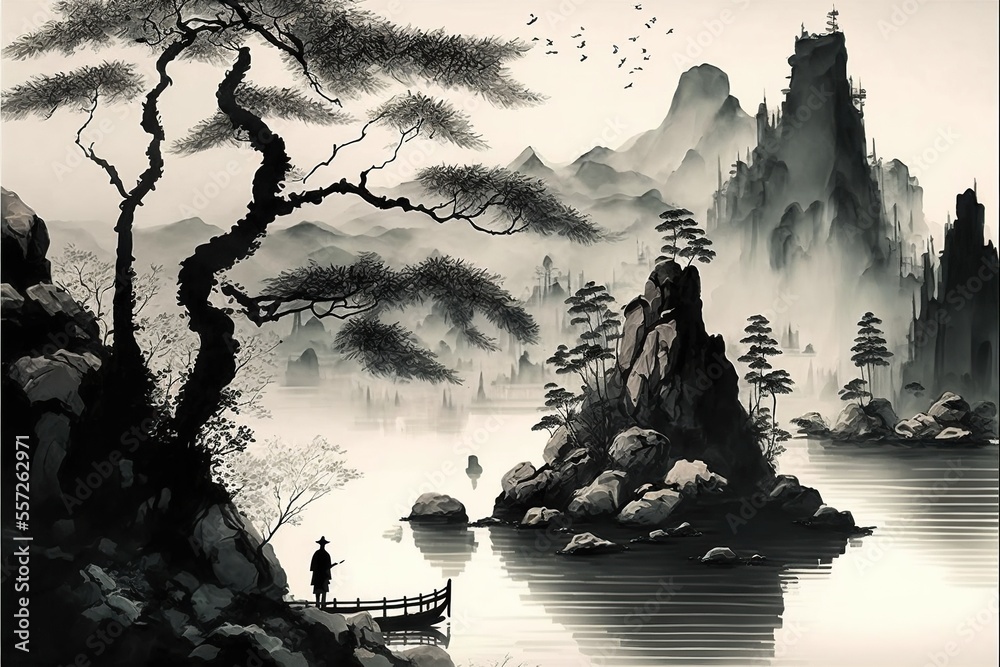 Traditional chinese ink wash painting, black and white. Stock