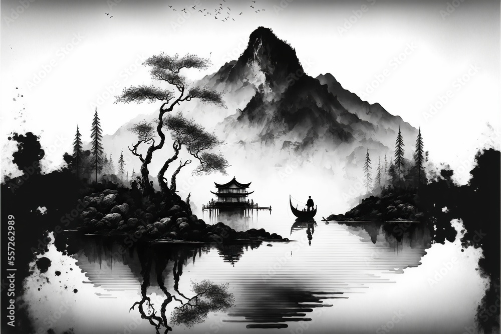 Traditional chinese ink wash painting, black and white. Stock