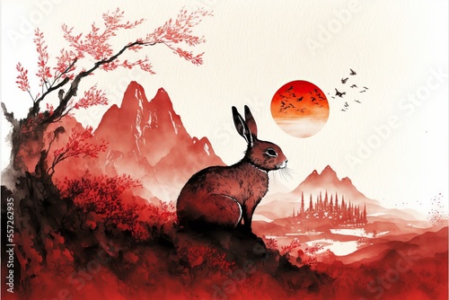 Fotografiet Traditional chinese ink wash painting of landscape with rabbit, lunar new years, year of the rabbit 2023