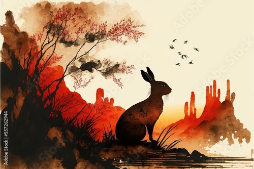 Traditional chinese ink wash painting of landscape with rabbit, lunar new years, year of the rabbit 2023. © Henry Letham
