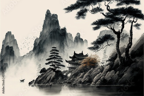 Traditional chinese ink wash painting, black and white.
