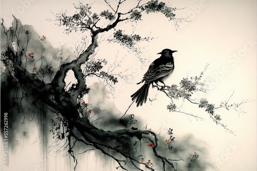 Traditional chinese ink wash painting, black and white.
