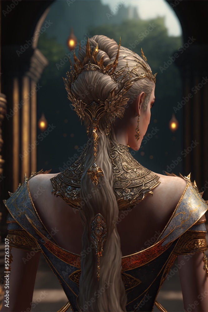 Back view of fantasy queen looking out on her kingdom Stock Illustration