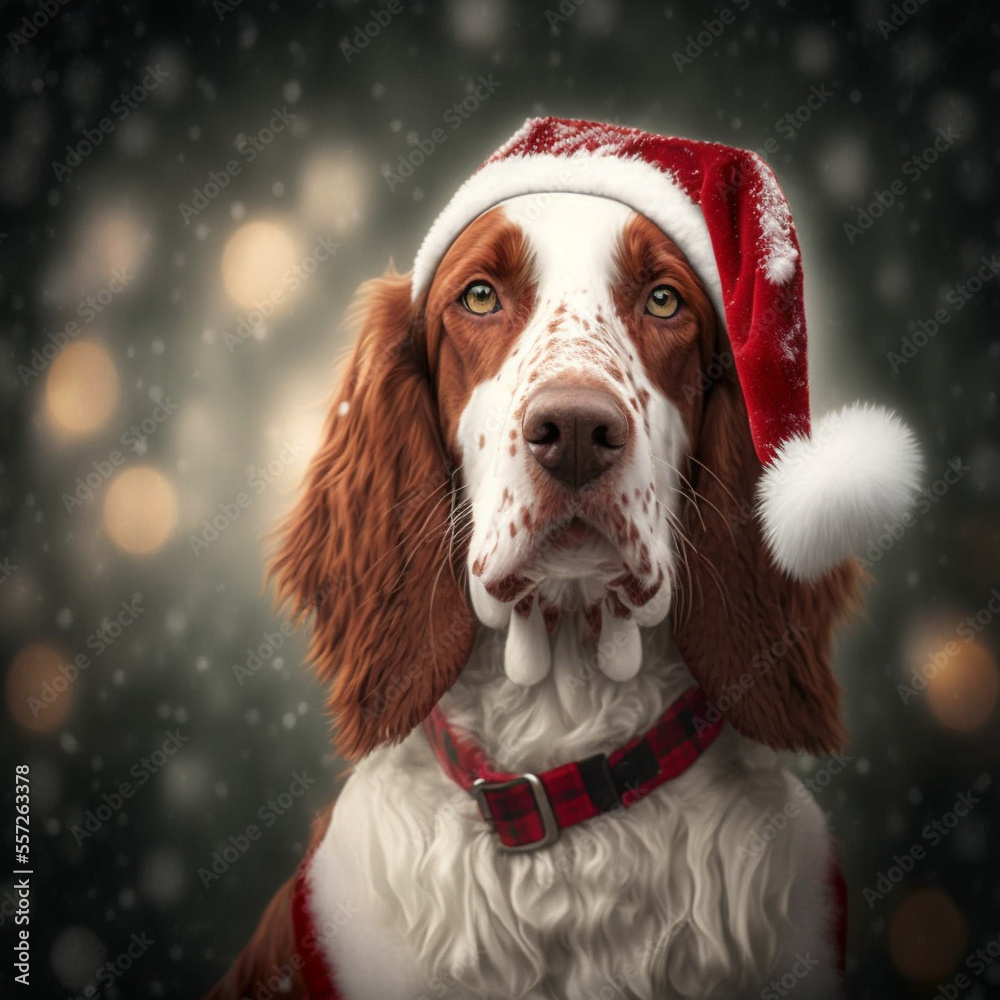 Irish red and white setter in Christmas Outfit Irish red and white setter in Christmas Outfit