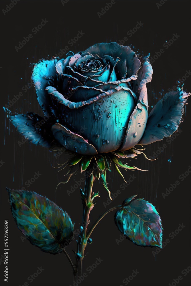 Beautiful splatter oil painting of a blue rose isolated on black ...