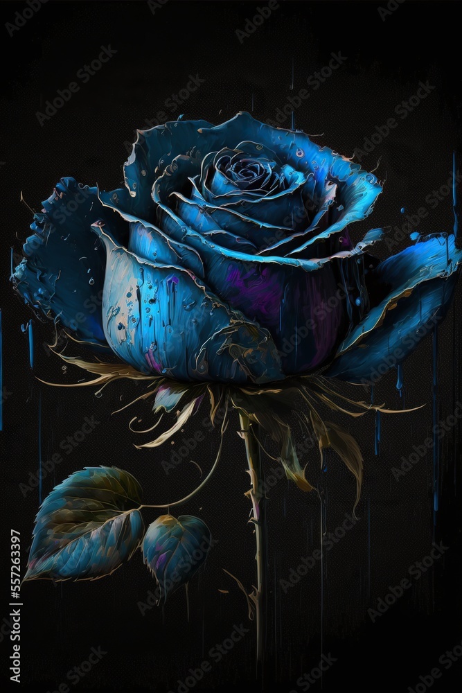 Beautiful splatter oil painting of a blue rose isolated on black ...