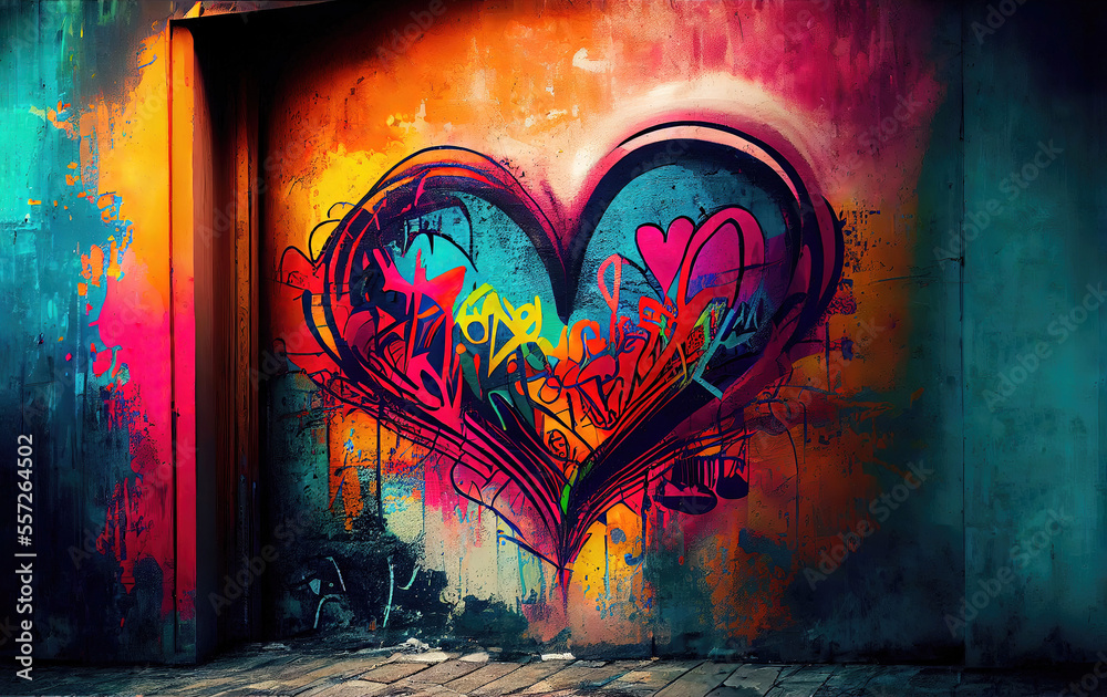 Colorful graffiti heart on wall as love symbol illustration (Generative AI) - obrazy, fototapety, plakaty 