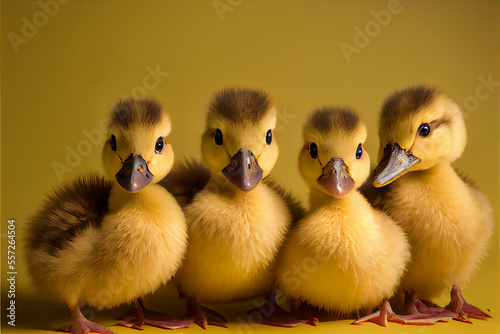Adorable Little Ducklings on Yellow Background.Generative ai