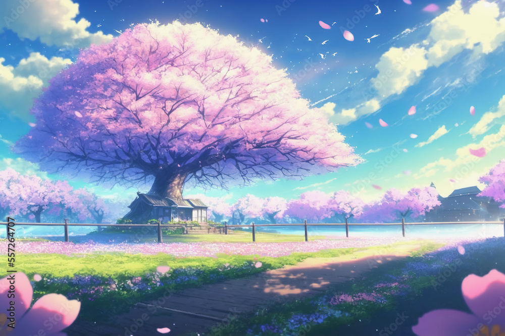 ai midjourney generated anime illustration in spring with japanese cherry trees in a park