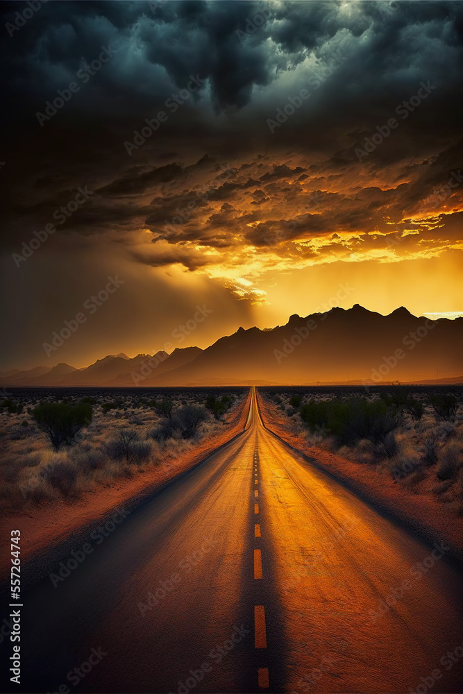 long road into the distance, misty dark landscape, midjourney ai illustration