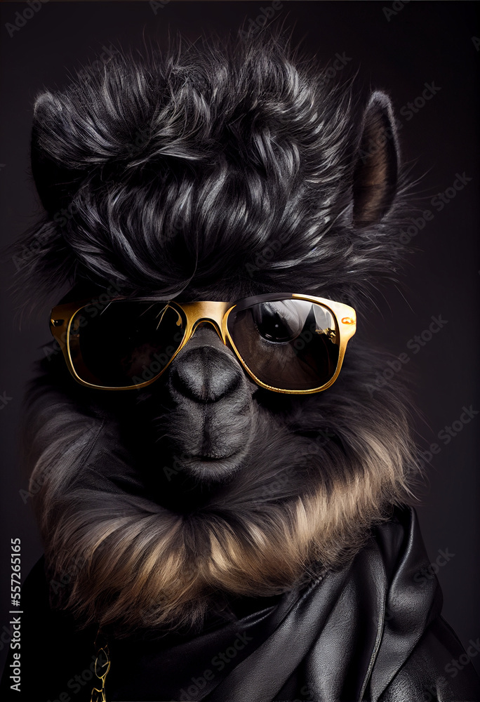 Cool Alpaca Wearing Sunglasses and Black Leather Jacket. Generative ai