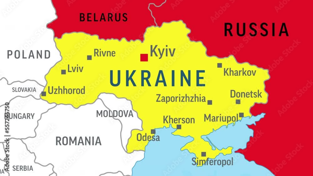 Ukraine, Russia and Belarus Map. War. Zoom on World Map. 4k Video Footage. Motion Graphics