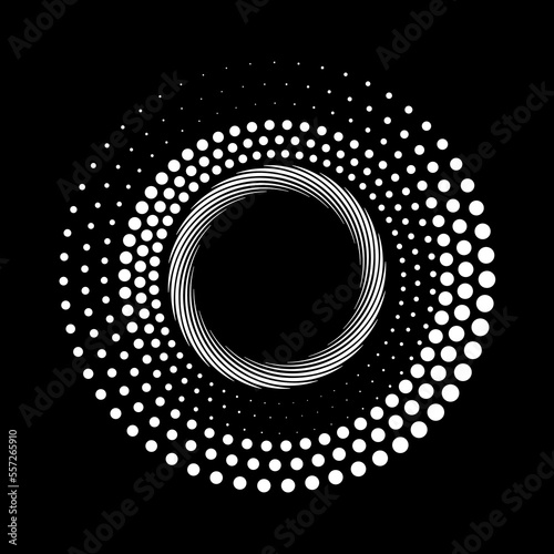 White halftone dots and lines in circle form. Geometric art. Design element for border frame, round logo, blackout tattoo, sign, symbol, web pages, prints, template, pattern and abstract background