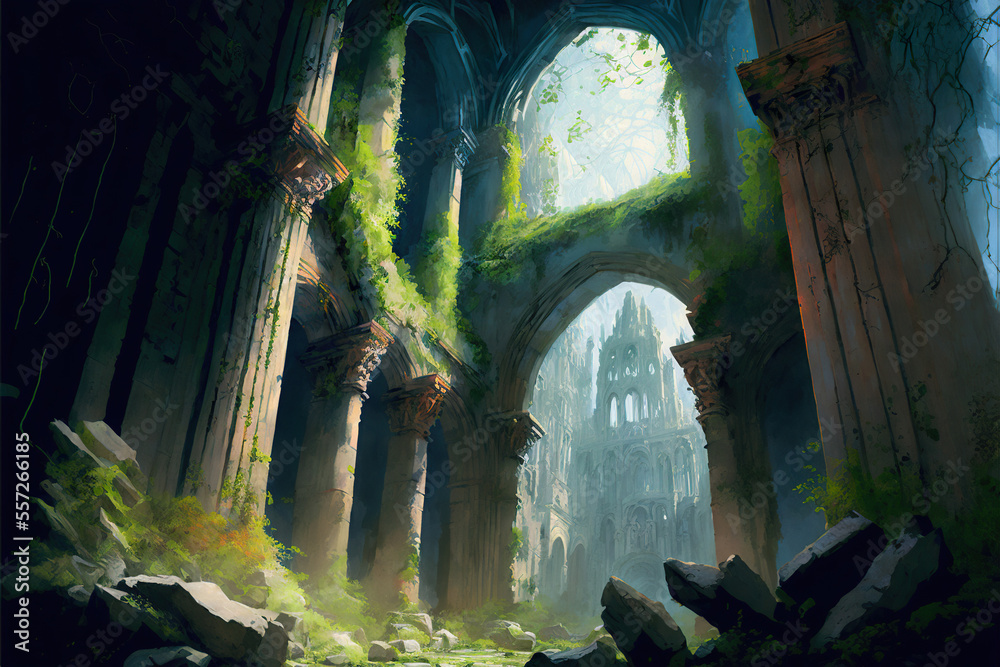 Naklejka premium Inside an overgrown ancient temple ruin.