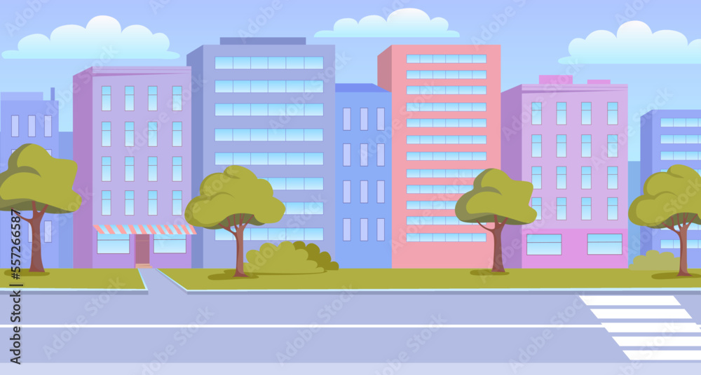 Colorful cityscpe and an empty street vector illustration.