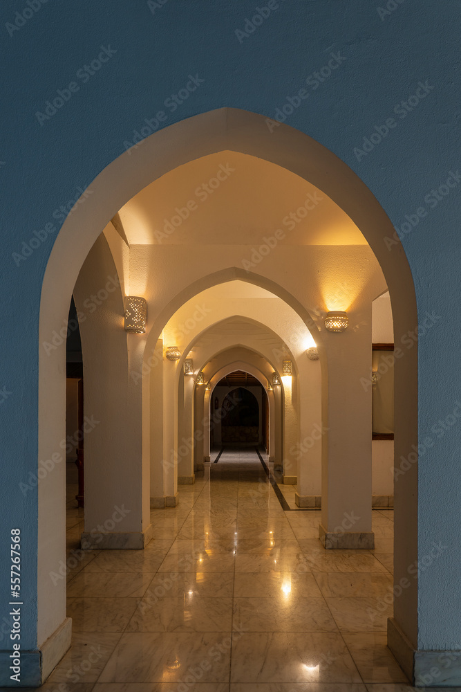 Detail of wall and corridor with many arches in Egypt hotel in Sharm el Sheikh