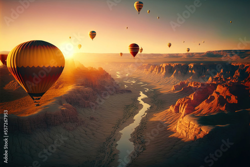 Many colorful hot air balloons flying over Grand Canyon. Generative AI.