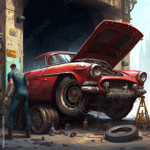 Jacking up an old  red car. Generative AI.