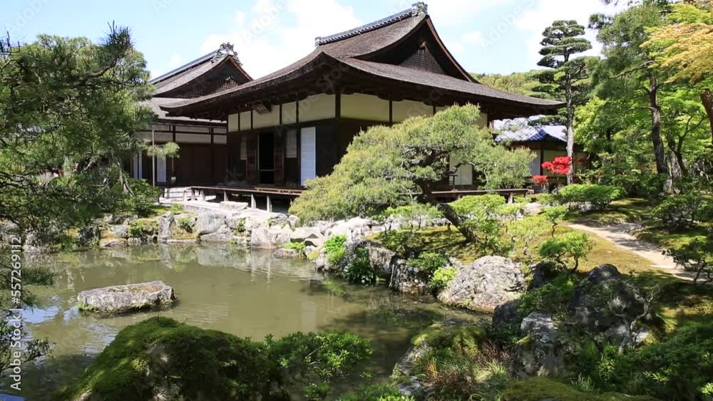Springtime landscape of pond in springtime and architecture of Silver Pavilion or Ginkaku-ji Temple. Officially Jisho-ji is a Zen temple in Higashiyama District, Kyoto, Japan. Unesco Heritage.