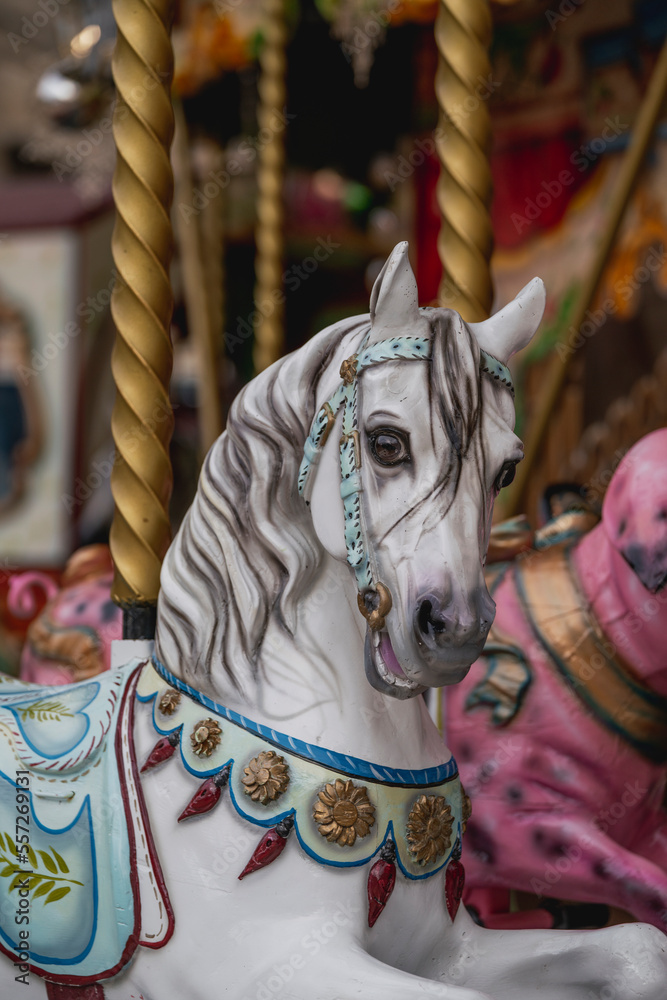 carousel white horse portrait with foreground 