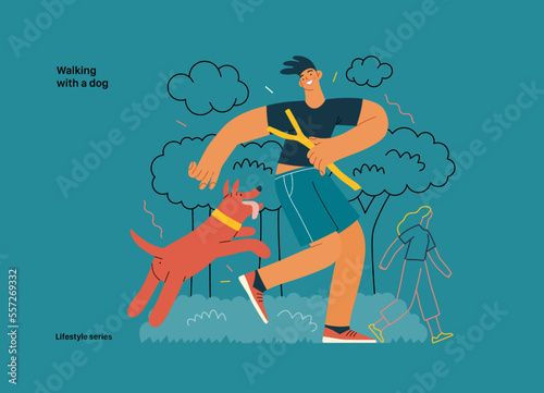 Lifestyle series - Walking with a dog - modern flat vector illustration of a young man and a dog playing outside. People activities concept