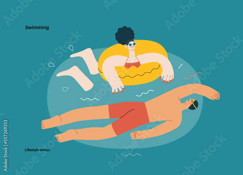Lifestyle series - Swimming - modern flat vector illustration of a man and a woman swimming in the pool. People activities concept