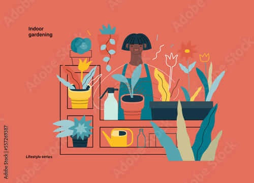 Lifestyle series - Indoor gardening - modern flat vector illustration of a woman gardening at home - planting and watering. People activities concept