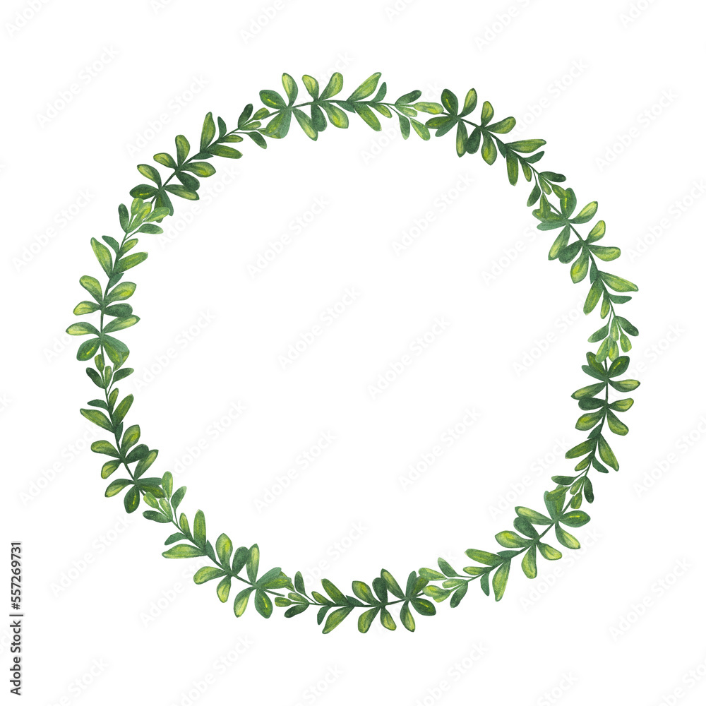 Doodle green foliage round frame. Hand-drawn watercolor illustration isolated on white background. For greetings, wallpapers, Wedding Invitation Doodle green foliage round frame. Hand-drawn watercolor illustration isolated on white background. For greetings, wallpapers, Wedding Invitation