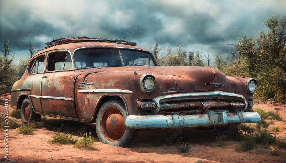 The painting depicts a desolate desert landscape littered with abandoned vintage cars. Generative AI The painting depicts a desolate desert landscape littered with abandoned vintage cars. Generative AI