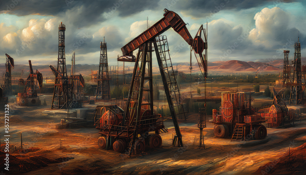 Oil field, where towering machinery tirelessly extracts valuable crude oil from the earth. Generative AI