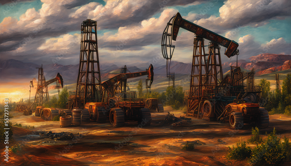 Oil field, where towering machinery tirelessly extracts valuable crude oil from the earth. Generative AI Oil field, where towering machinery tirelessly extracts valuable crude oil from the earth. Generative AI