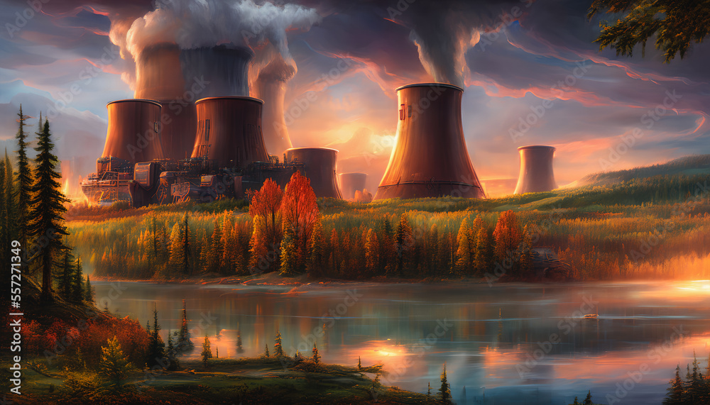 The painting portrays a wintery nuclear power plant set against a snowy backdrop. Generative AI