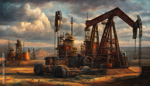 Oil field, where towering machinery tirelessly extracts valuable crude oil from the earth. Generative AI © 4K_Heaven