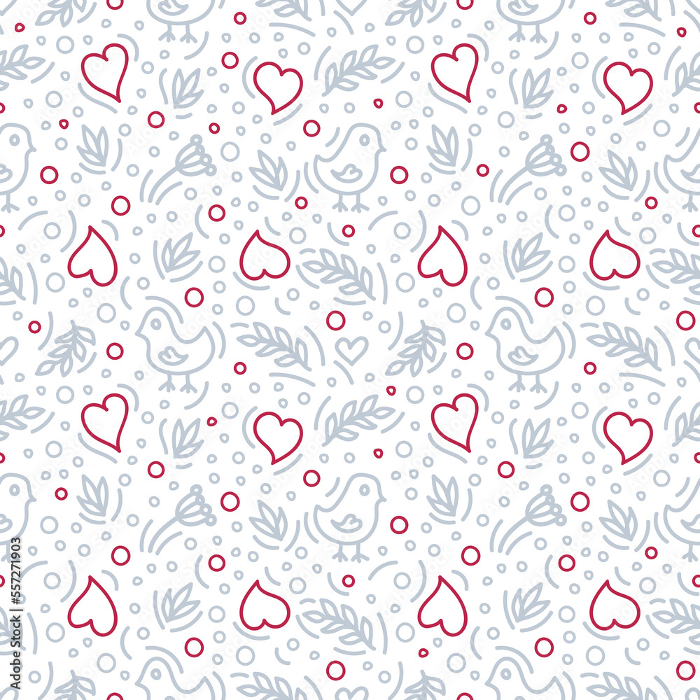 Seamless Pattern with elements in Doodle Style. Birds, Hearts, Branches, Dots and other grey and magenta elements on white background Seamless Pattern with elements in Doodle Style. Birds, Hearts, Branches, Dots and other grey and magenta elements on white background