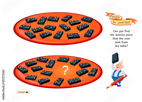 Logic puzzle for smartest. Can you find the domino piece that the man took from the table? Educational game. Page for kids brain teaser book. Task for attention. IQ test. Play online. Cartoon vector.