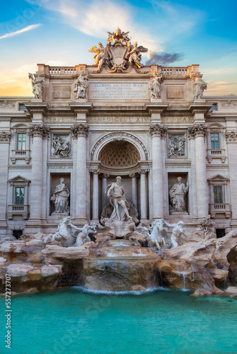 Trevi Fountain, Historic Landmark in Rome, Italy. Cloudy Sunset Sky Art Render.