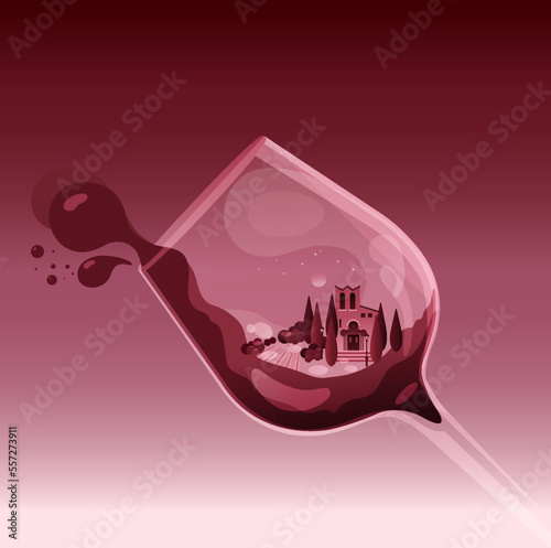 A vineyard of Tuscany with a villa in a glass of wine, wine splashing outside of the glass