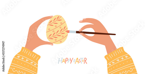 Easter preparations. Woman coloring Easter egg with paint brush. Easter eggs decorating process. Tradition of painting eggs for Easter. Flat vector illustration on white background