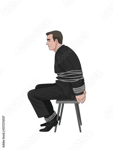 A man sits on a stool bound hand and foot