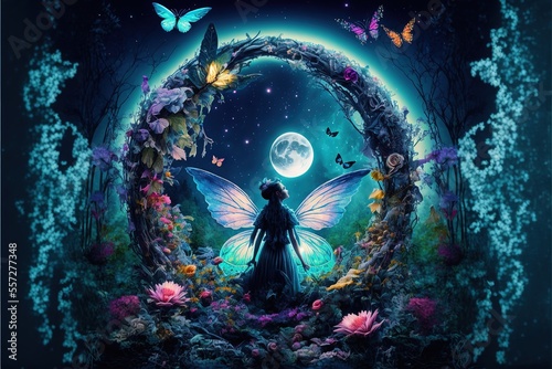 Fairy with wings in a fantasy magical enchanted forest with butterflies, magic flowers and huge moon. AI photo