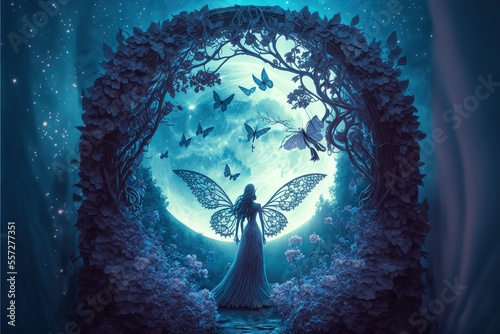 Fairy with wings in a fantasy magical enchanted forest with butterflies, magic flowers and huge moon. AI photo