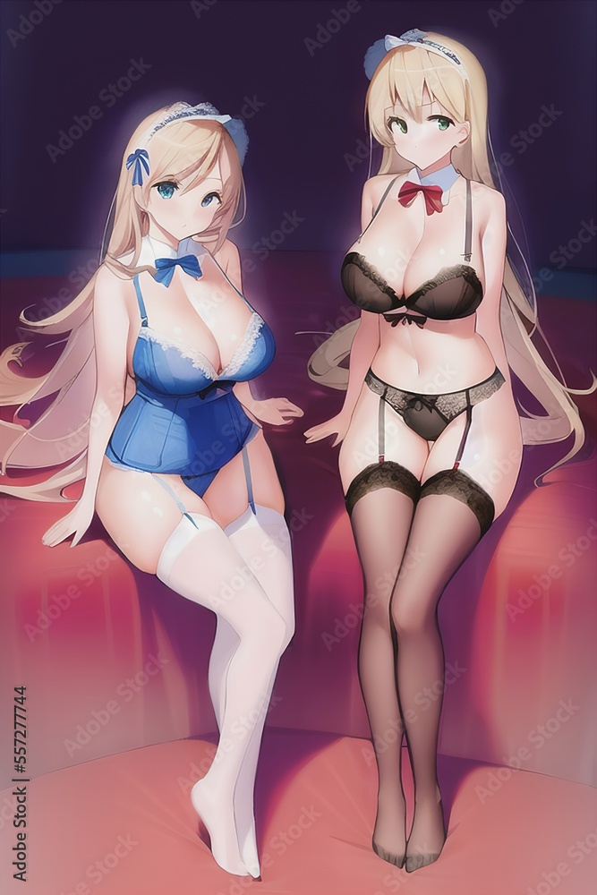 Two sexy anime waifu girls in lingerie and stockings. Generative AI  ilustración de Stock | Adobe Stock