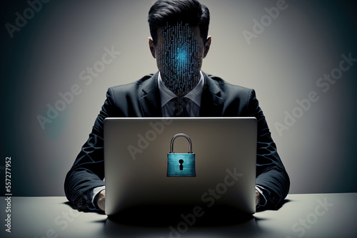 Internet and networking concept of a businessman using a laptop computer and a virtual padlock icon to deter digital crime by an unidentified hacker. Generative AI