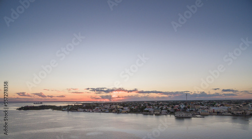 Caribbean Sea and Belize Cityscape. Sunset