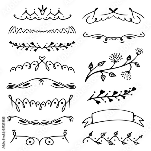 Set of decorative dividers in doodle style. Vector illustration of vintage borders and frames. 